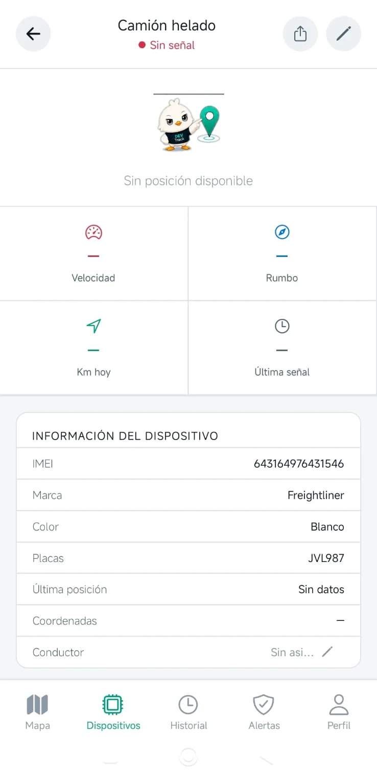 Detalle de un vehículo en GPS Track: velocidad, rumbo e IMEI