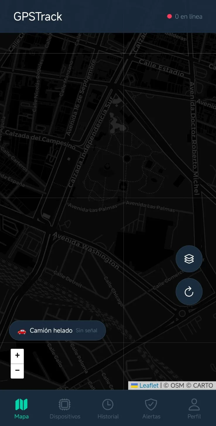 Mapa principal de GPS Track con la flota en vivo