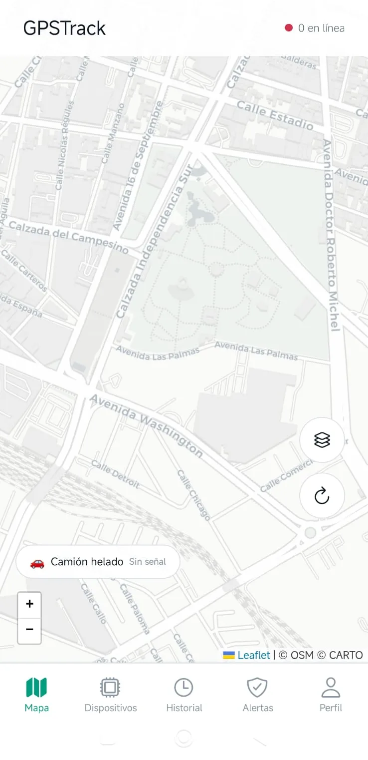 Mapa principal de GPS Track con la flota en vivo